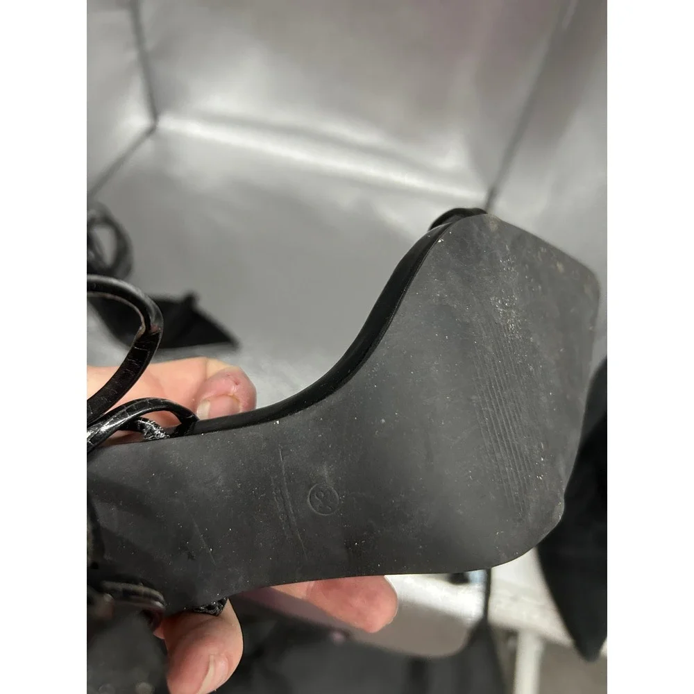 Liana Black Lace‎ Up Stiletto Heels Pointed Toe Wrap Around Sandals Size 38